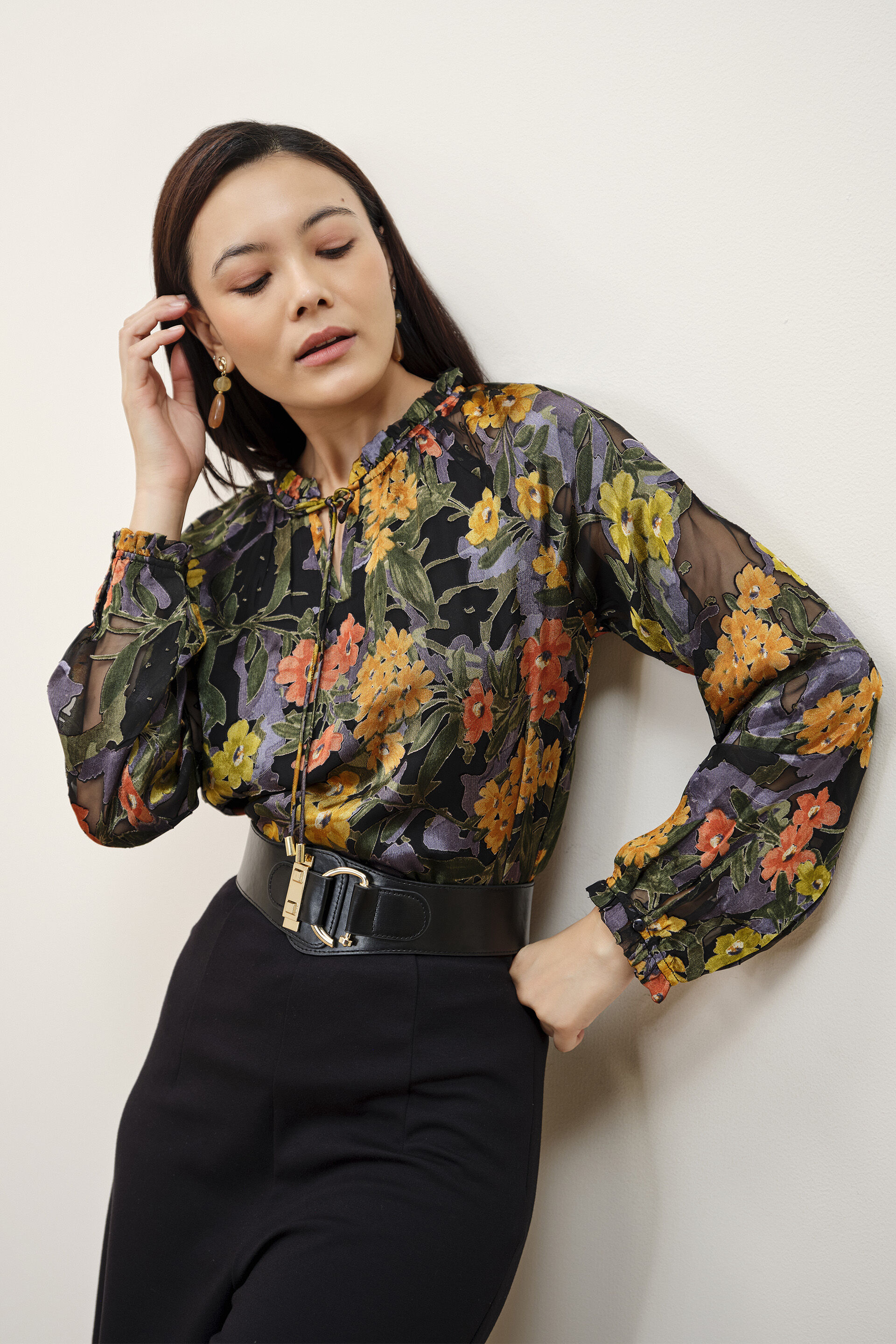 Black Floral Printed Top, Black, image 2